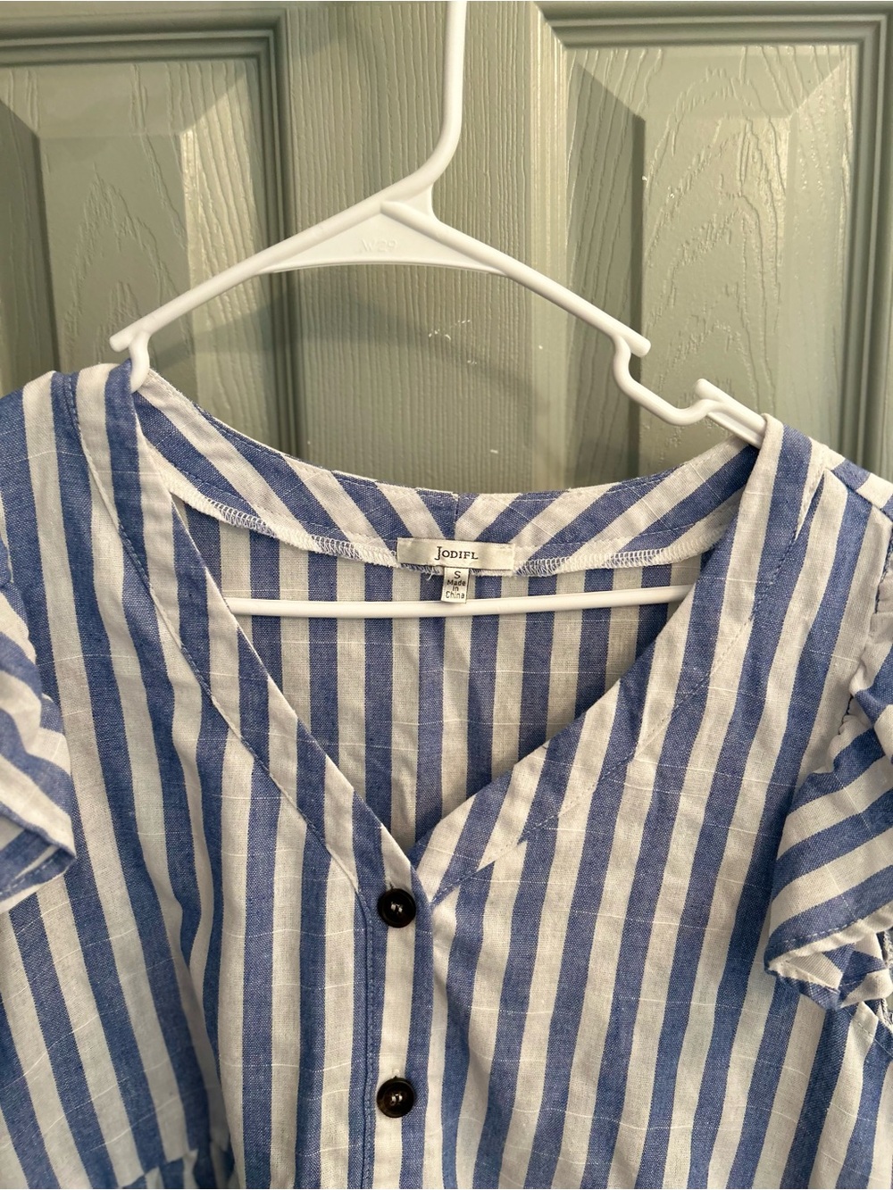 Jona Michelle Blue and White Striped Button-Front Ruffle Top - Picture 2 of 3